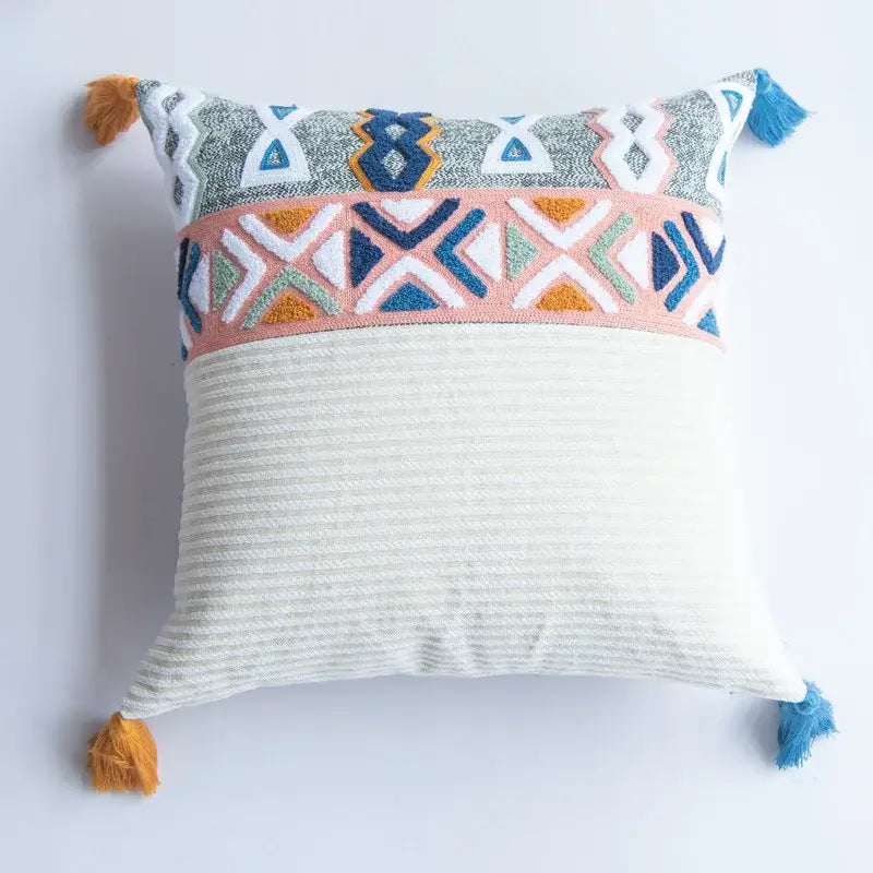 Geometric multicolor embroidered cushion cover living room tassels