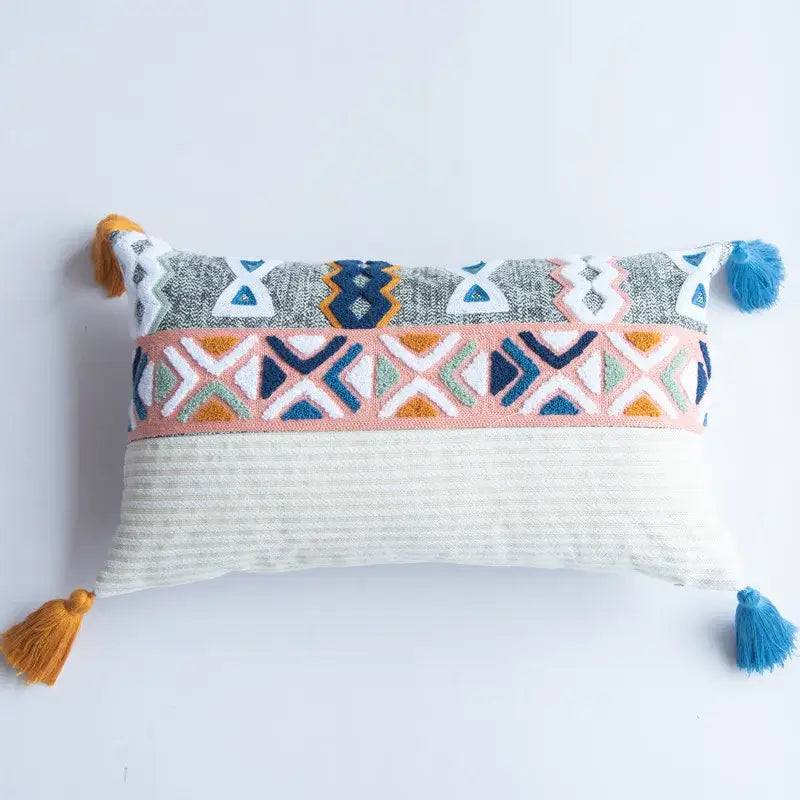 Geometric multicolor embroidered cushion cover living room tassels