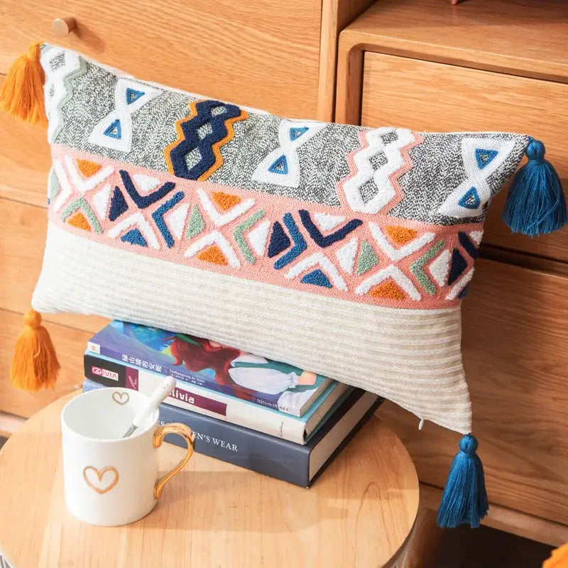 Geometric multicolor embroidered cushion cover living room tassels