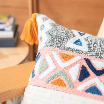 Geometric multicolor embroidered cushion cover living room tassels
