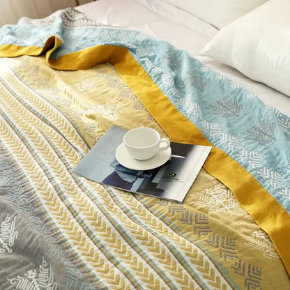 Geometric mustard and gray cotton gauze summer blanket bedroom quilt