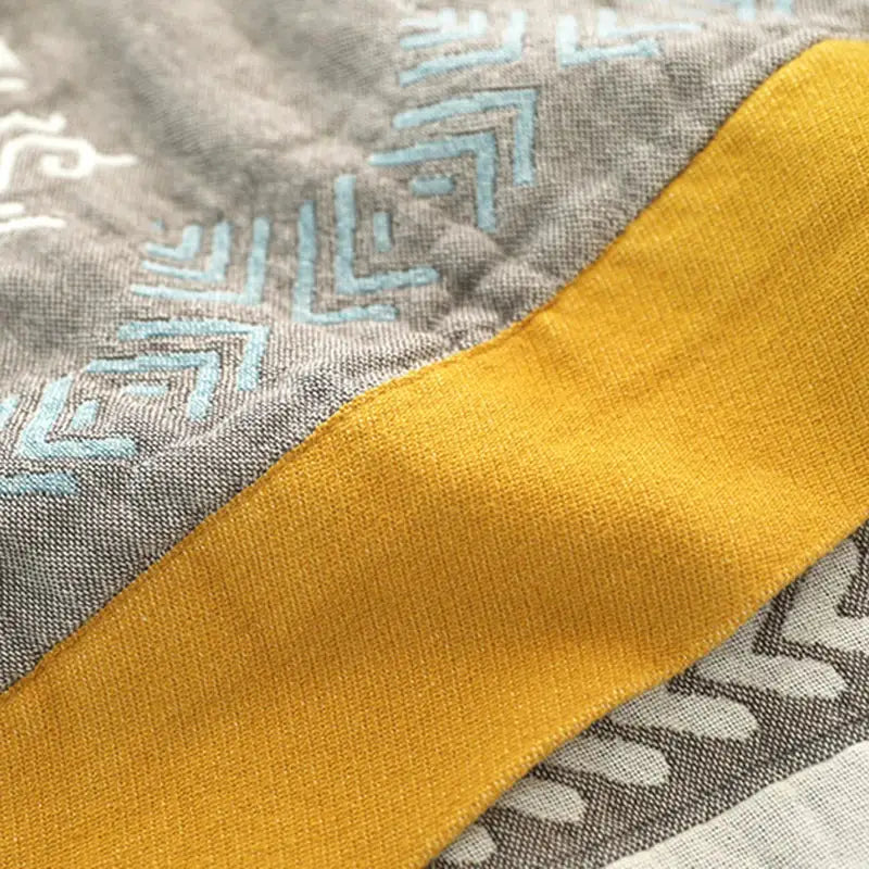 Geometric mustard and gray cotton gauze summer blanket bedroom quilt