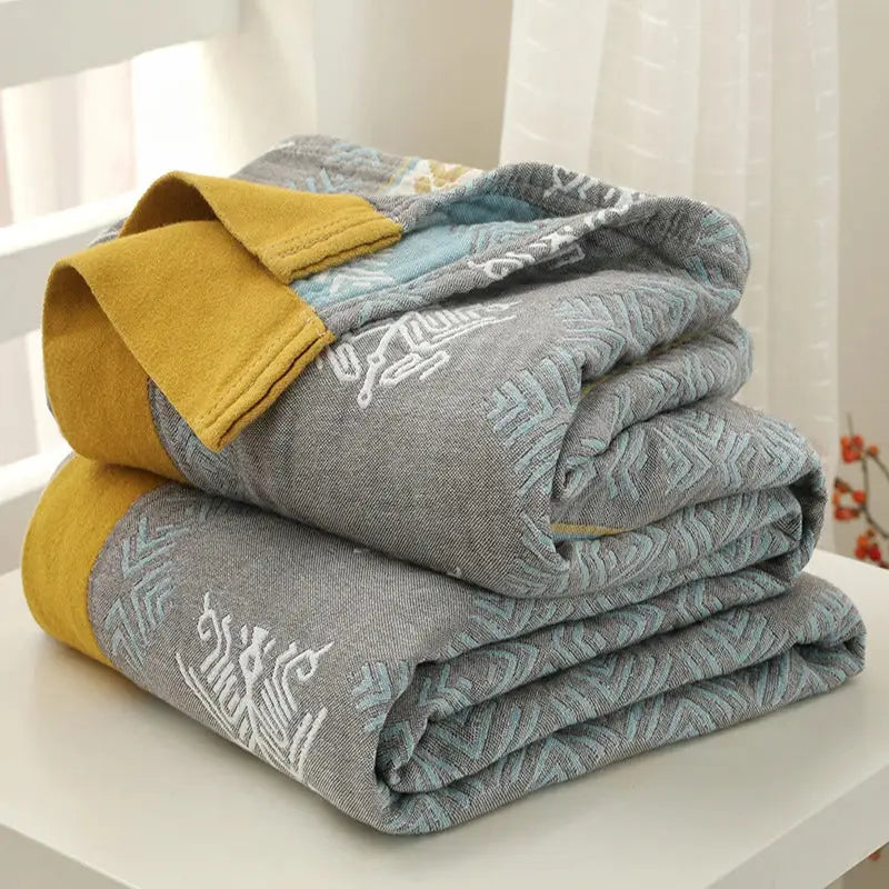 Geometric mustard and gray cotton gauze summer blanket bedroom quilt