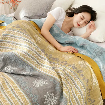 Geometric mustard and gray cotton gauze summer blanket bedroom quilt