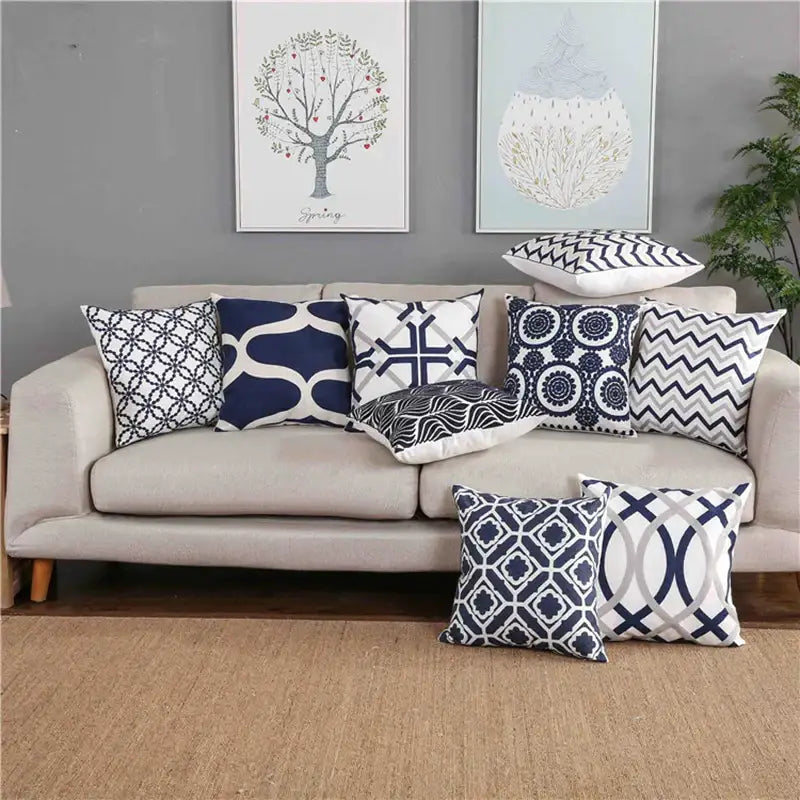 Geometric navy blue & gray cushion cover living room decor