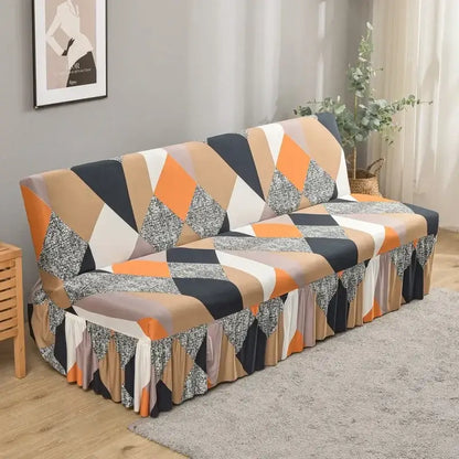 Geometric orange & black elastic armless futon sofa cover living room