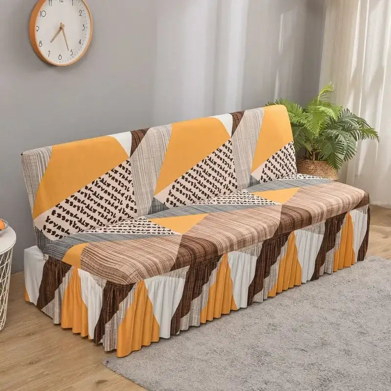 Geometric orange & black elastic armless futon sofa cover living room