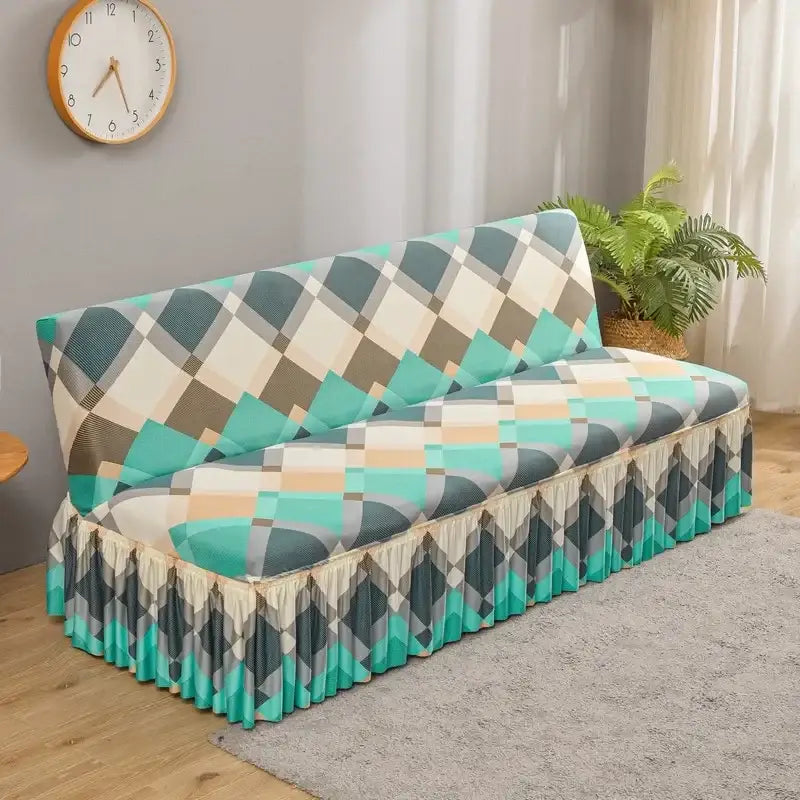 Geometric orange & black elastic armless futon sofa cover living room