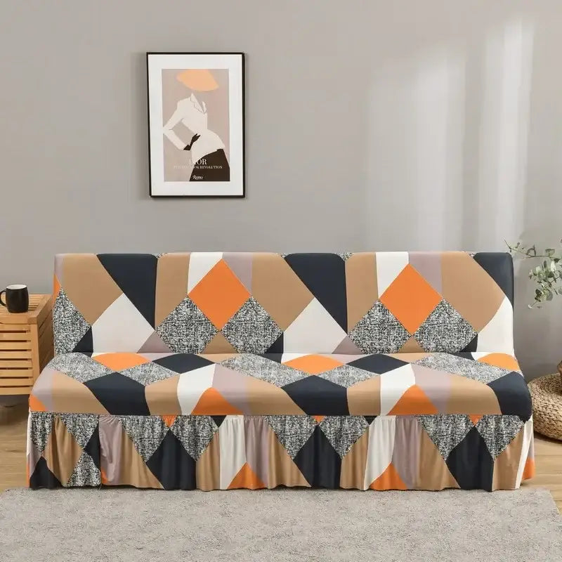 Geometric orange & black elastic armless futon sofa cover living room