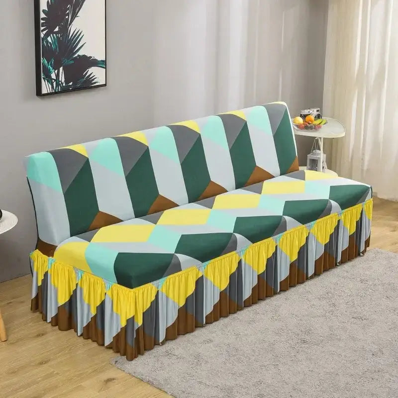 Geometric orange & black elastic armless futon sofa cover living room