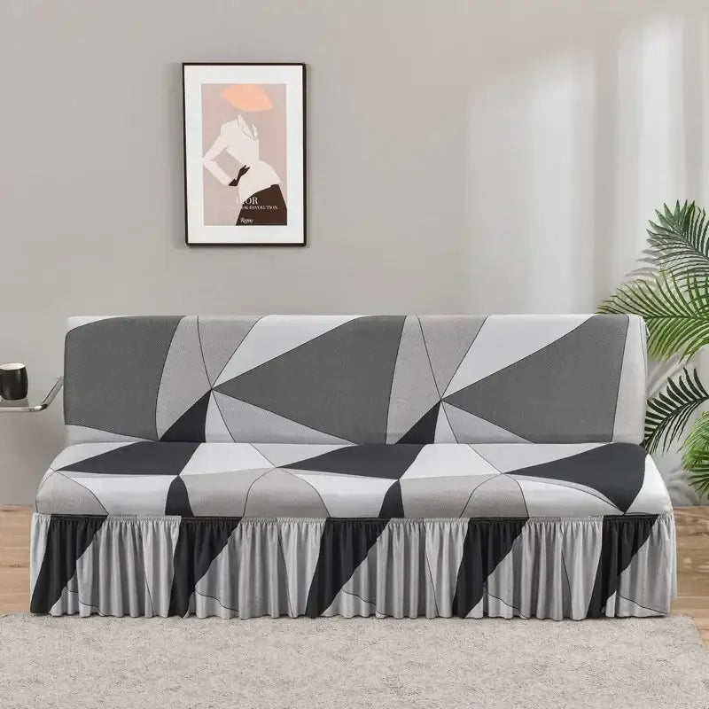Geometric orange & black elastic armless futon sofa cover living room