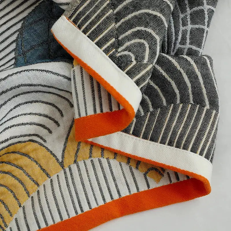 Geometric orange & blue cotton gauze bath towel set for bathroom