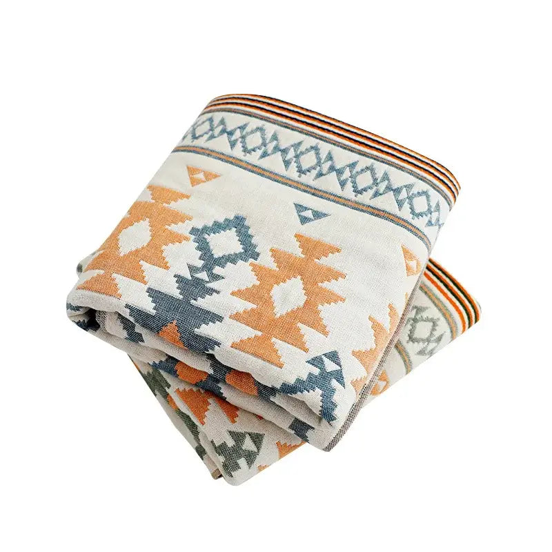 Geometric orange & blue cotton gauze bath towel set for bathroom