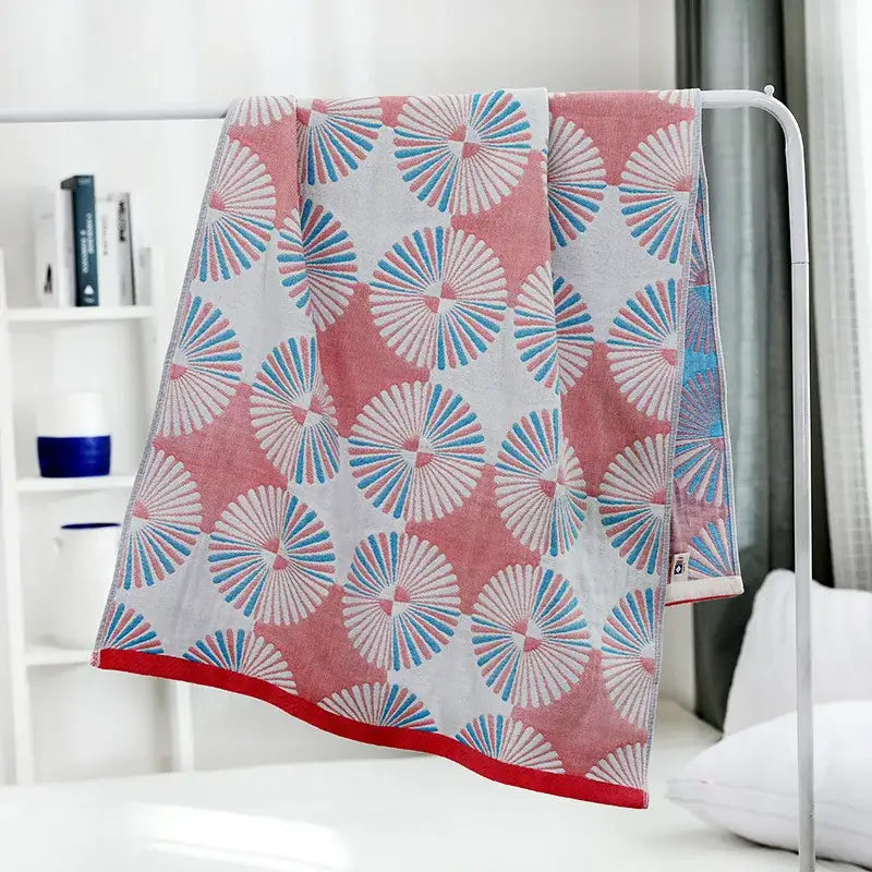 Geometric orange & blue cotton gauze bath towel set for bathroom