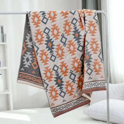 Geometric orange & blue cotton gauze bath towel set for bathroom