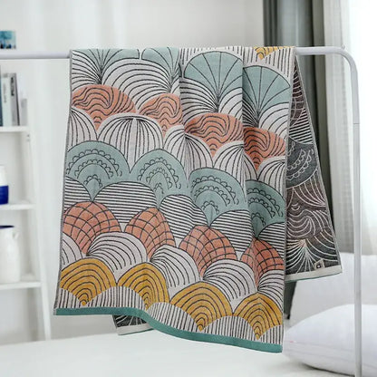 Geometric orange & blue cotton gauze bath towel set for bathroom