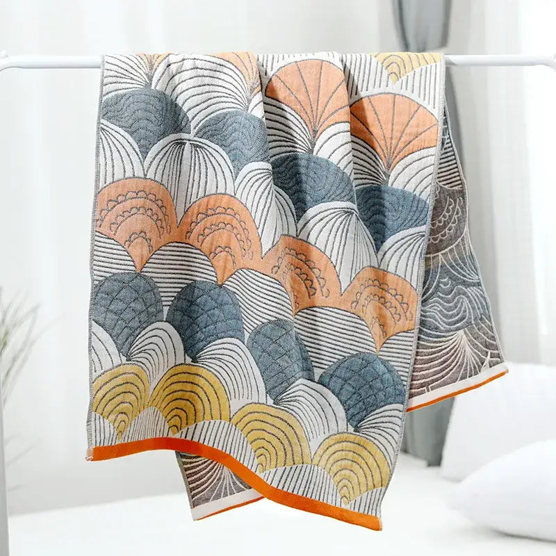 Geometric orange & blue cotton gauze bath towel set for bathroom