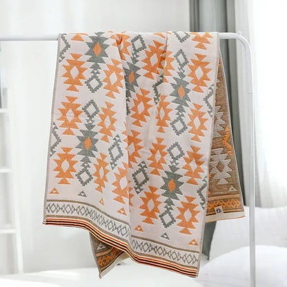 Geometric orange & blue cotton gauze bath towel set for bathroom