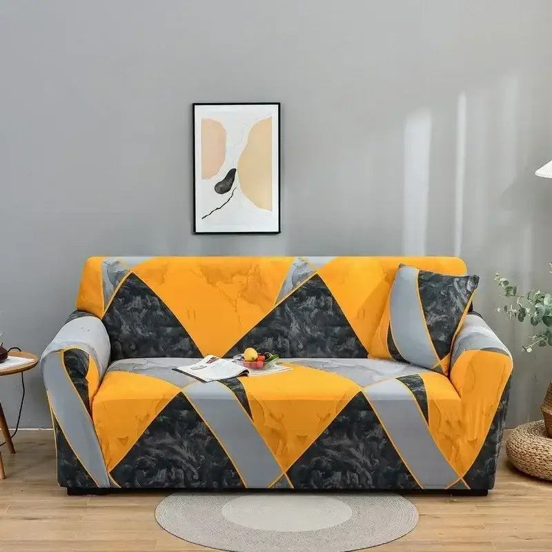Geometric orange & gray colorful block sofa covers living room slipcover