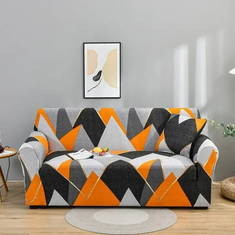 Geometric orange & gray colorful block sofa covers living room slipcover