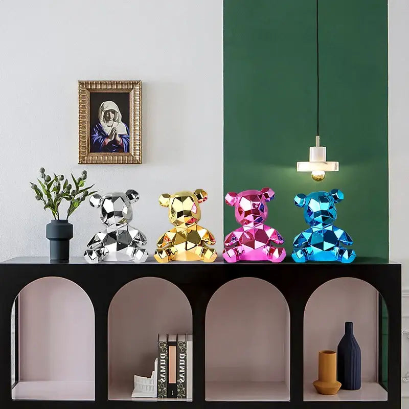 Geometric pink & blue electroplated teddy bear sculpture living room