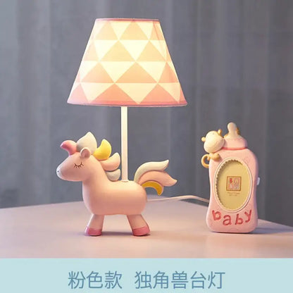 Geometric pink & blue unicorn table lamp for children’s bedroom