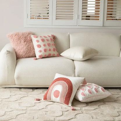Geometric pink & white embroidered pillow covers living room decor