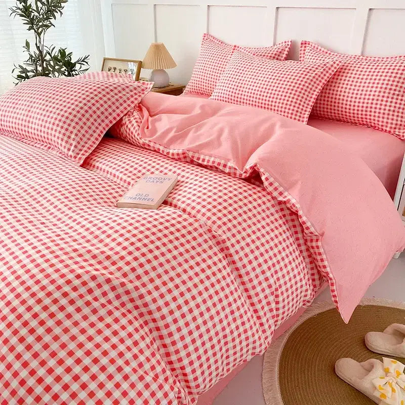 Geometric pink & white gingham ruffled quilt cover set bedroom