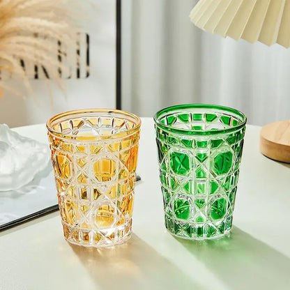 Geometric red green & amber heavy whiskey glass dining room tumbler