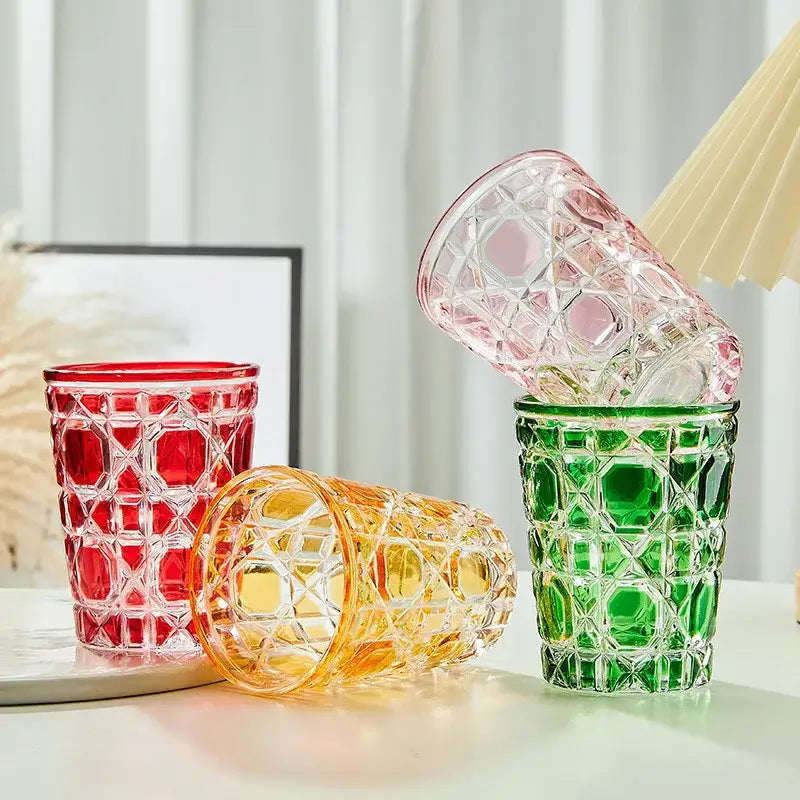Geometric red green & amber heavy whiskey glass dining room tumbler