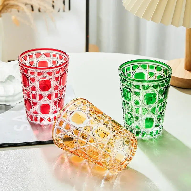 Geometric red green & amber heavy whiskey glass dining room tumbler