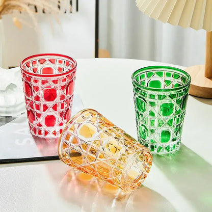 Geometric red green & amber heavy whiskey glass dining room tumbler
