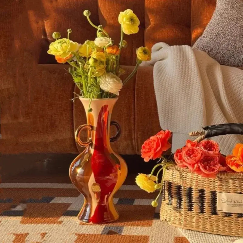 Geometric red & yellow horse head ceramic vase living room decor