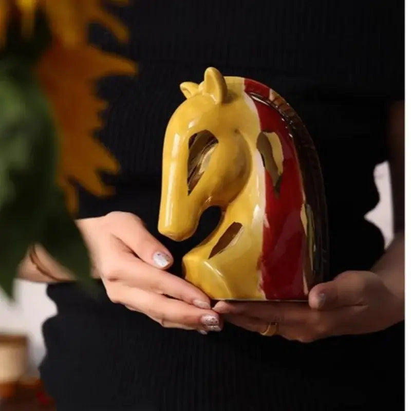 Geometric red & yellow horse head ceramic vase living room decor