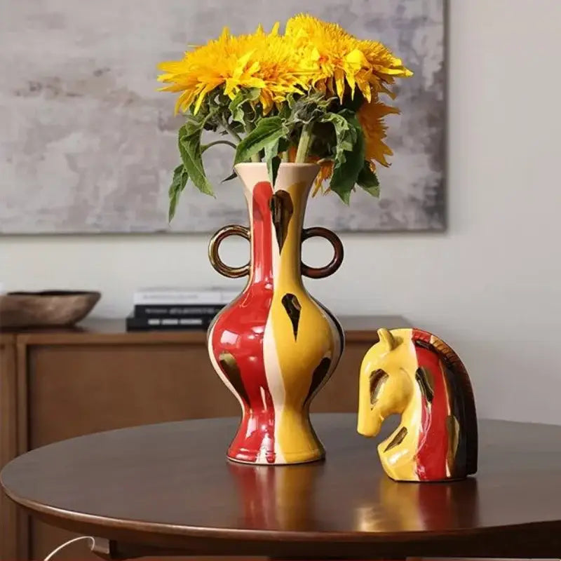 Geometric red & yellow horse head ceramic vase living room decor