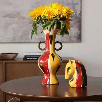 Geometric red & yellow horse head ceramic vase living room decor