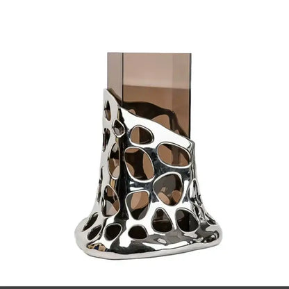 Geometric silver and amber glass vase living room sculpted terrarium