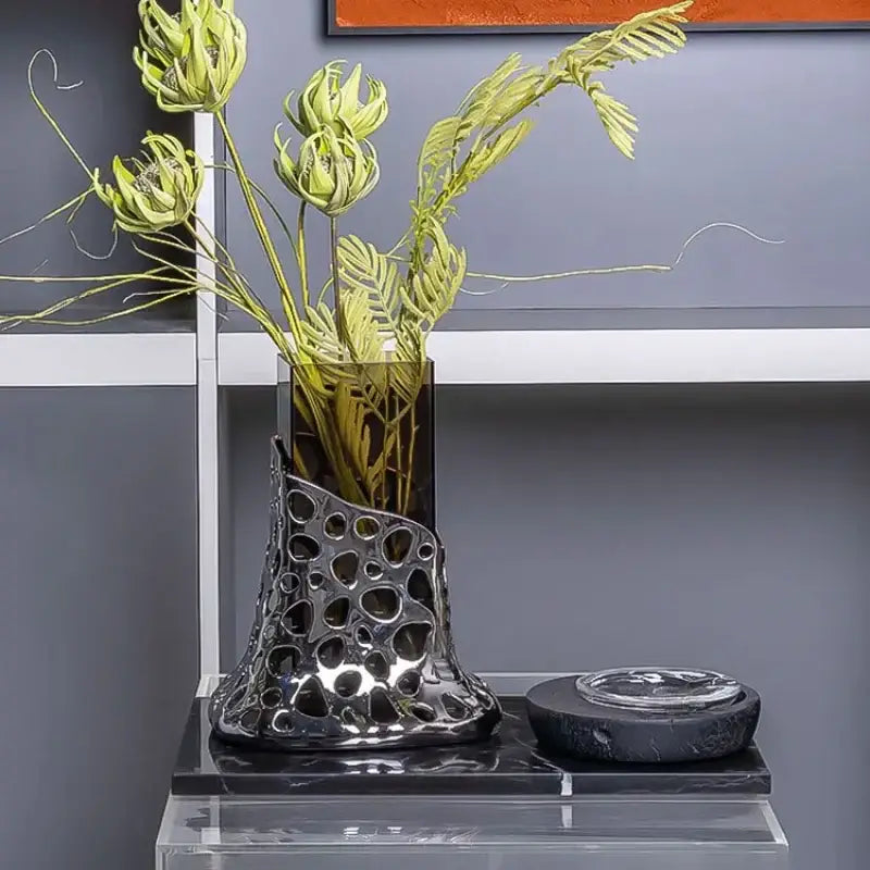 Geometric silver and amber glass vase living room sculpted terrarium