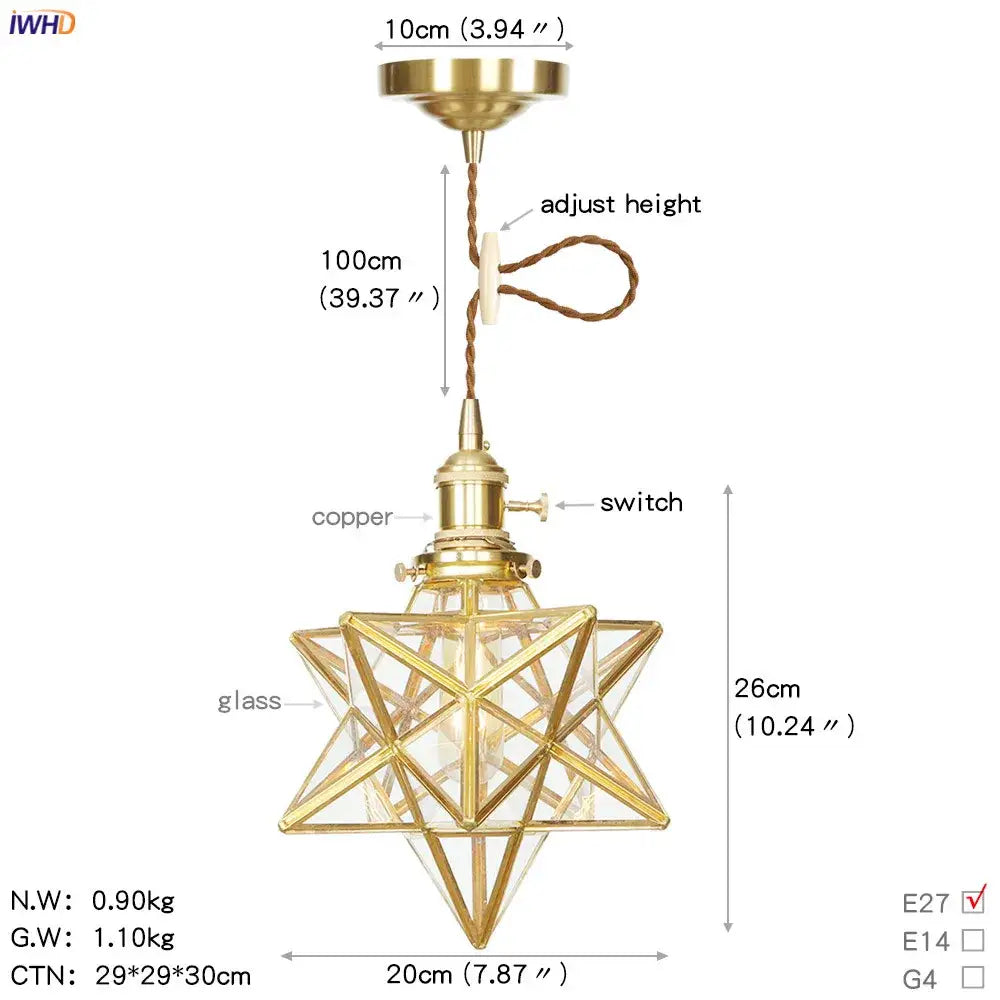 Geometric star glass copper led pendant light for kitchen