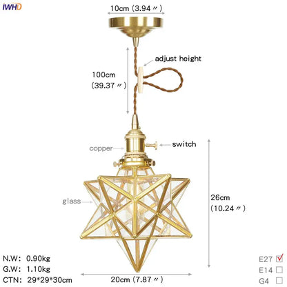 Geometric star glass copper led pendant light for kitchen