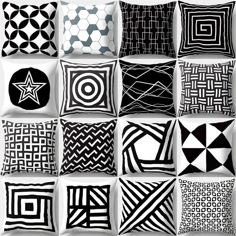 Geometric star print black & white pillow cover living room decor