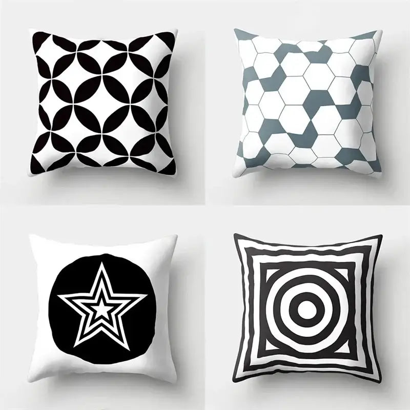Geometric star print black & white pillow cover living room decor