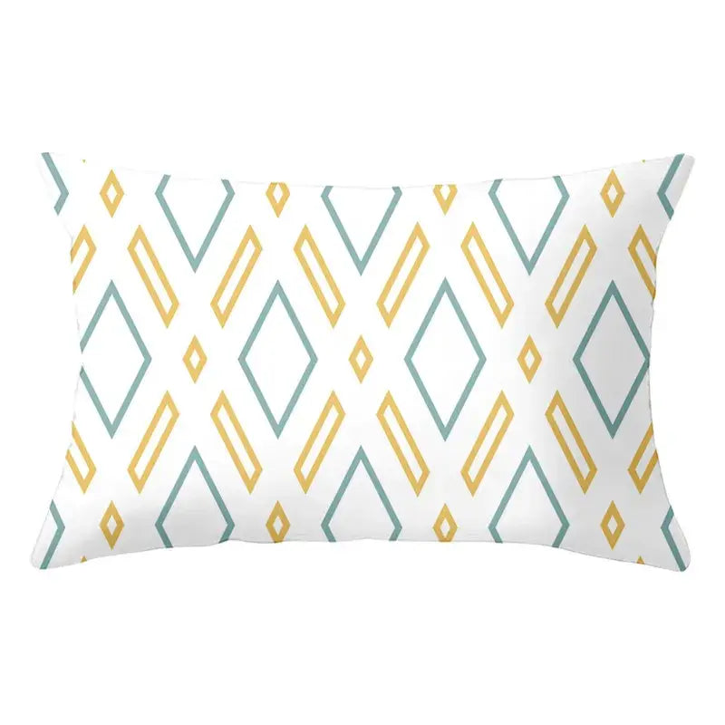 Geometric striped curved rectangle pillows yellow & teal living room