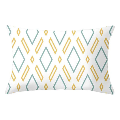 Geometric striped curved rectangle pillows yellow & teal living room