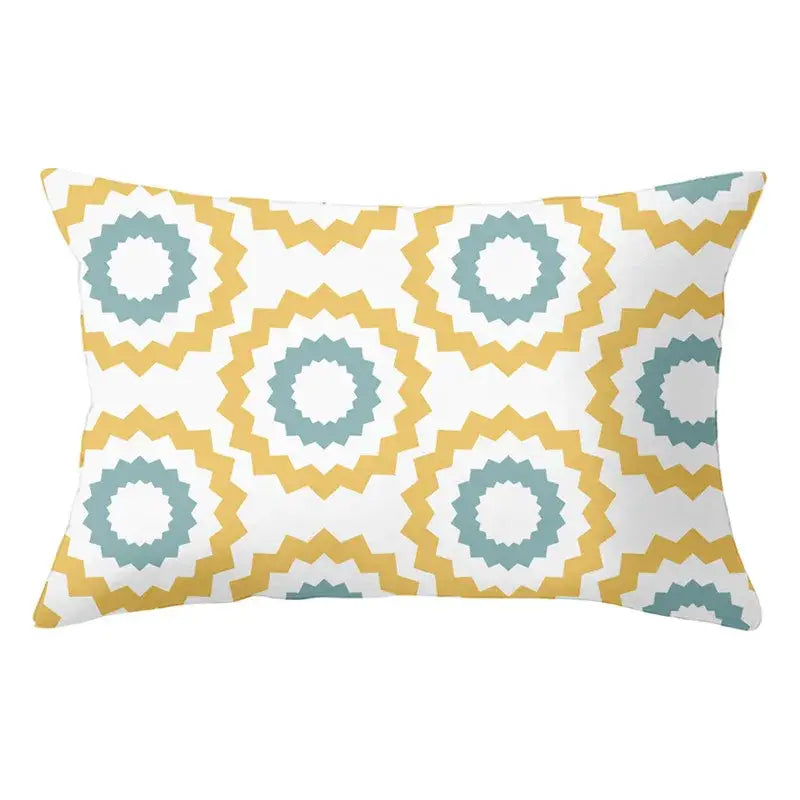 Geometric striped curved rectangle pillows yellow & teal living room