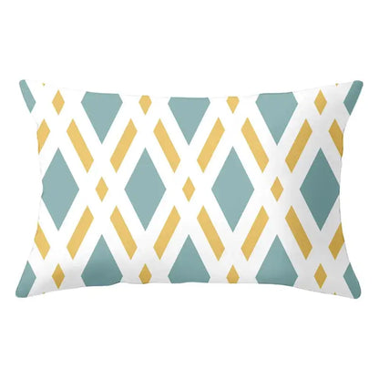 Geometric striped curved rectangle pillows yellow & teal living room