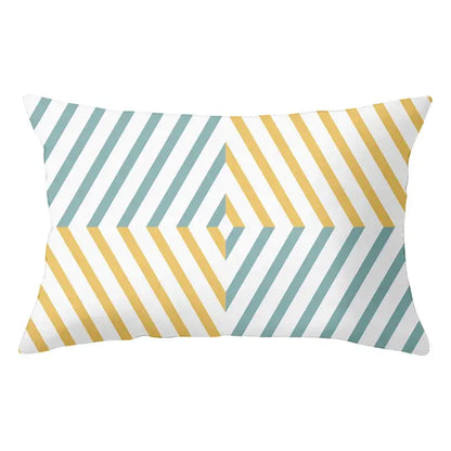Geometric striped curved rectangle pillows yellow & teal living room