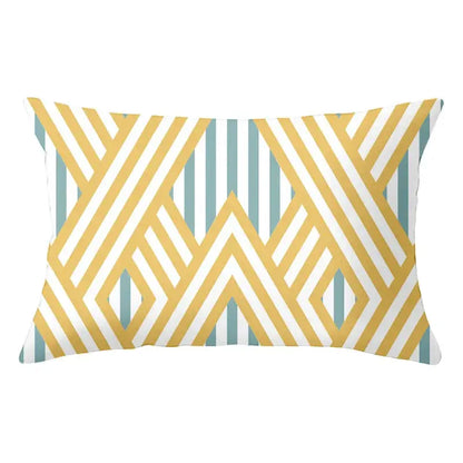 Geometric striped curved rectangle pillows yellow & teal living room