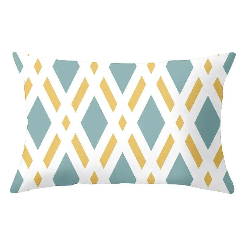 Geometric striped curved rectangle pillows yellow & teal living room