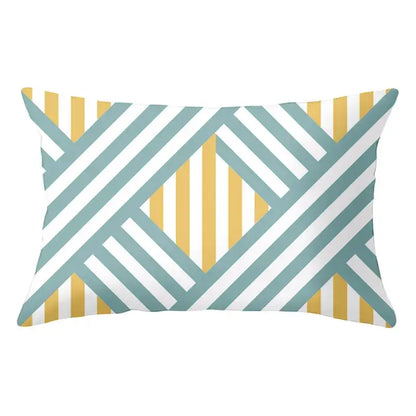Geometric striped curved rectangle pillows yellow & teal living room